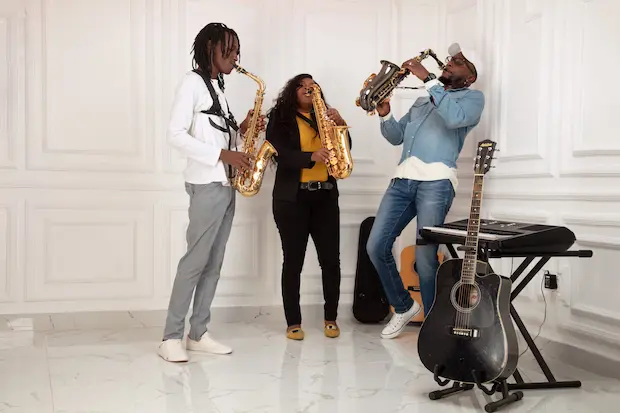 Students practicing saxophone during lessons at Kamata School Nairobi